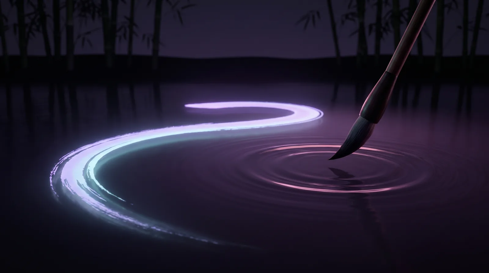 A single brush stroke of luminous ink curving across dark water, lavender and aqua light rippling outward on an aubergine field.
