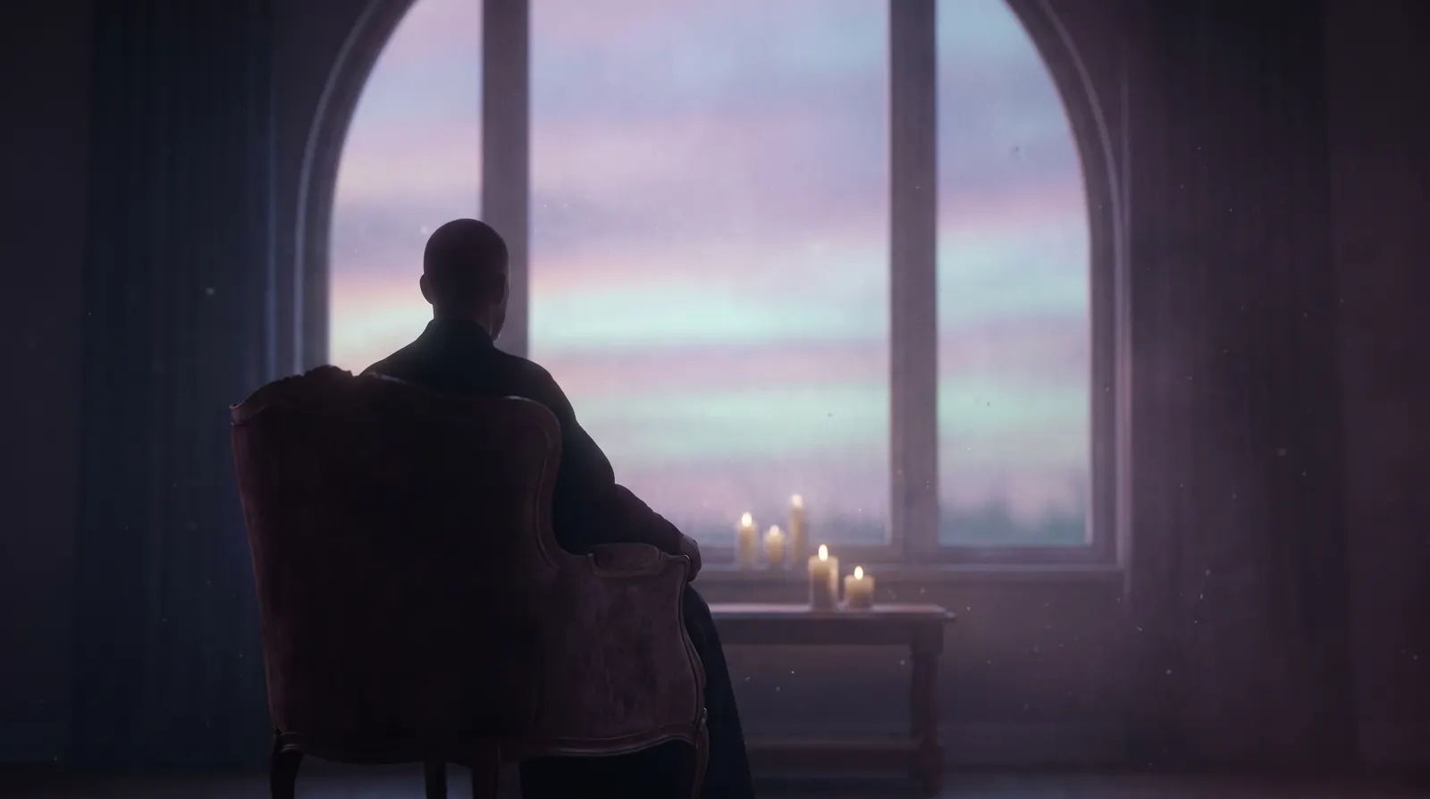A still figure seated by a tall window at dusk, bathed in soft lavender and aqua light against deep aubergine shadow.