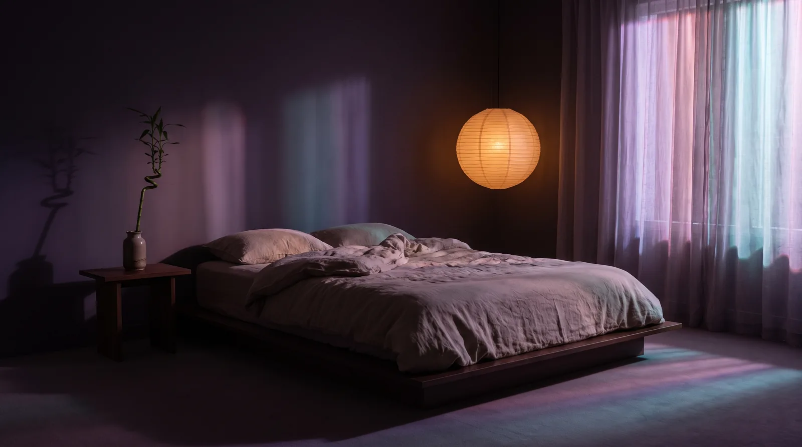 A serene minimalist bedroom at night, low wooden bed and soft linen lit by a warm lantern, lavender and aqua light through a gauzy curtain.