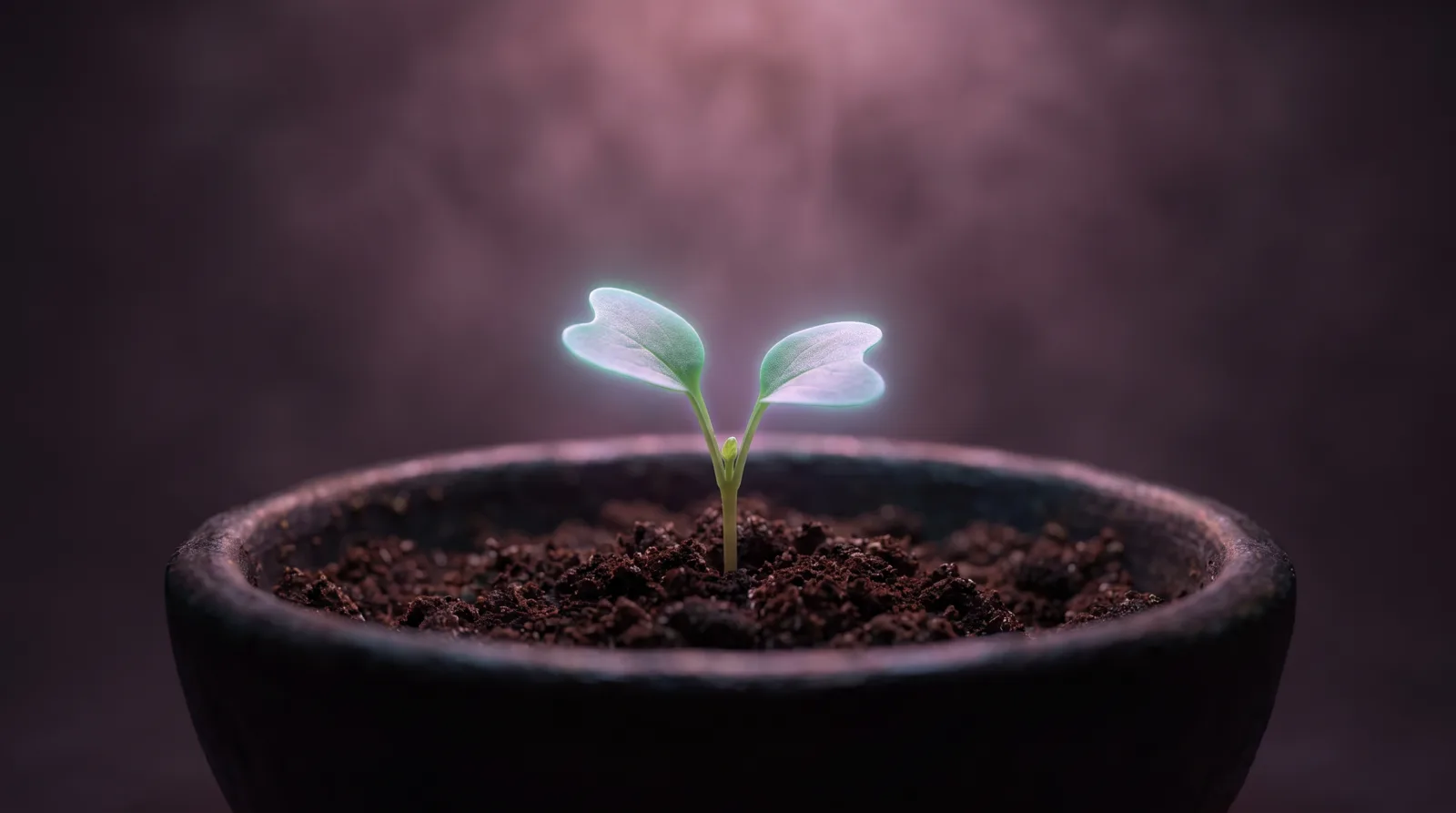 A tender seedling glowing in lavender and aqua light beside an empty ceramic bowl on deep aubergine darkness.