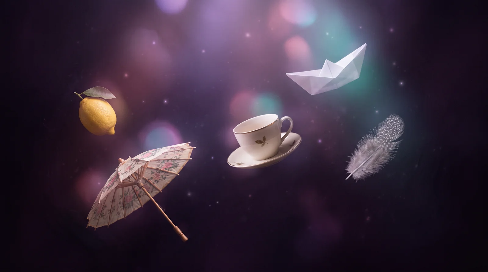 A dreamlike drift of unrelated objects, a paper boat, a teacup, a feather, floating in dark aubergine space with lavender, rose and aqua glows.