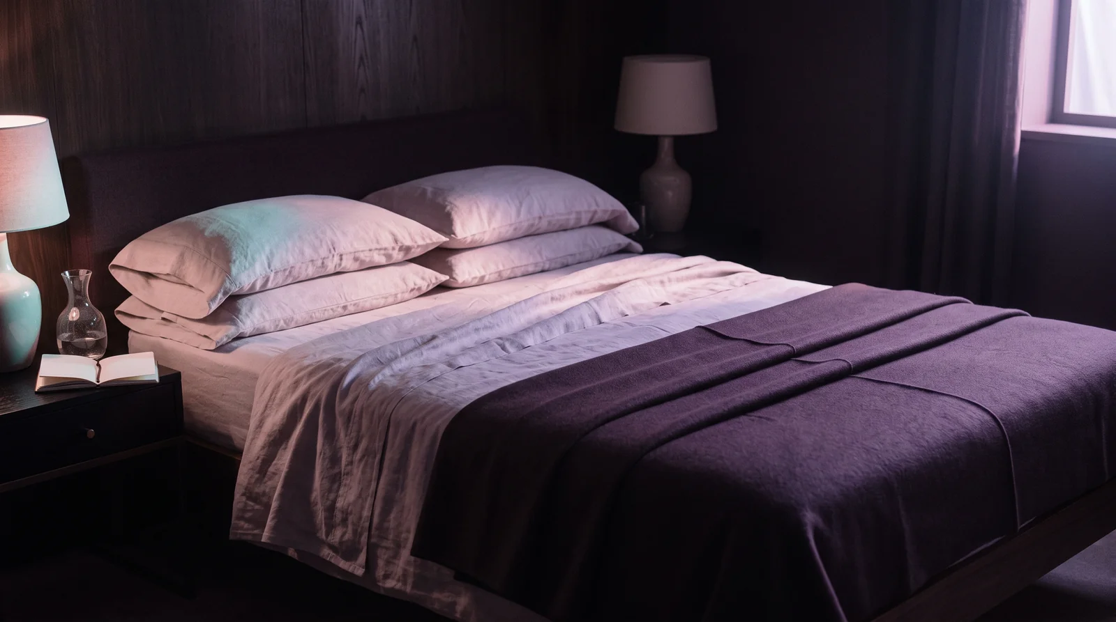 A serene empty bed in a near-black aubergine bedroom, lavender moonlight across the sheets with soft rose and aqua glows, evoking calm pre-sleep stillness.