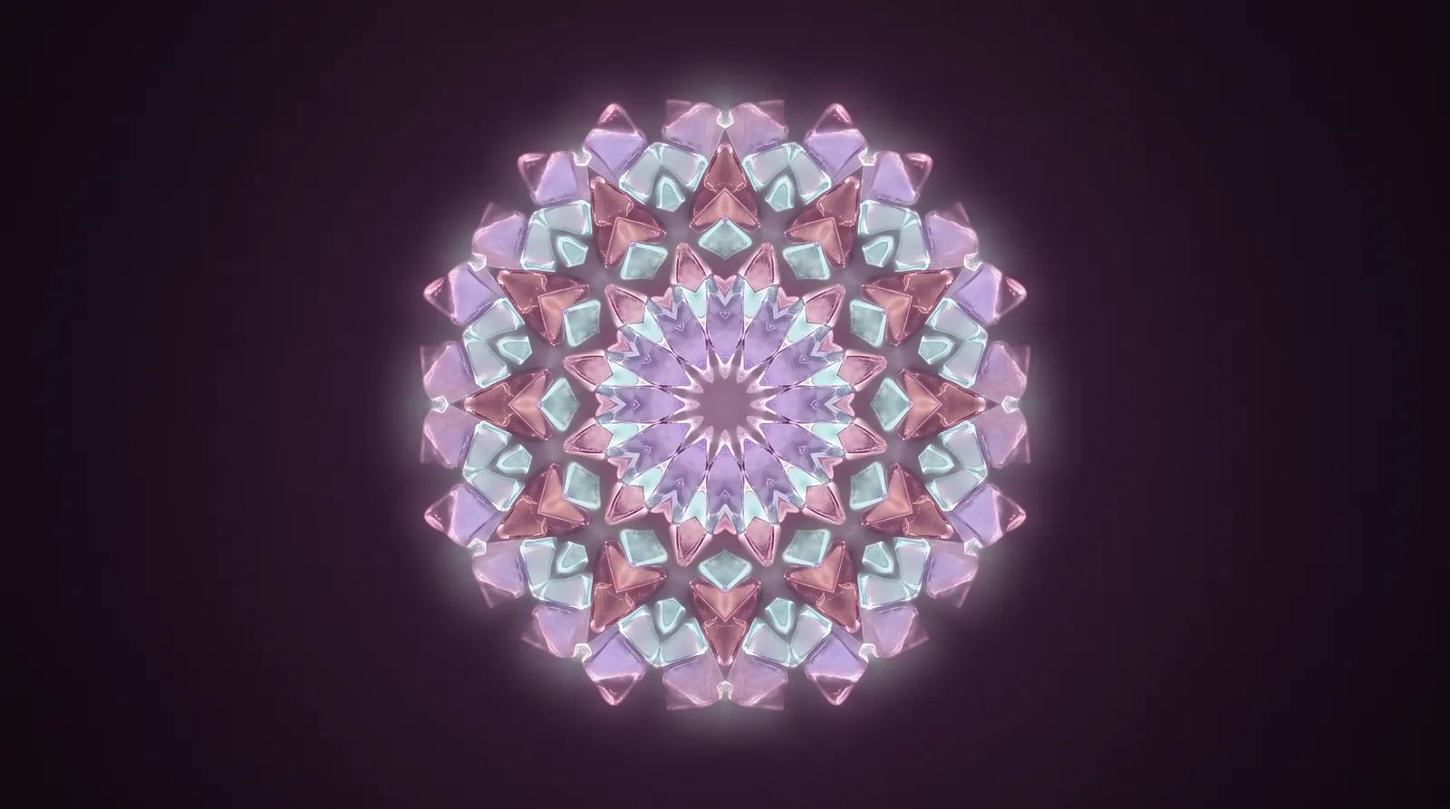A luminous kaleidoscopic mandala of lavender, rose and aqua glass fragments radiating in perfect symmetry against a deep aubergine darkness.