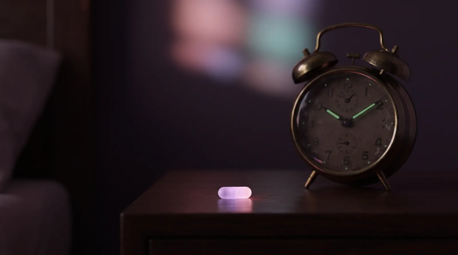 A single glowing capsule beside a dim analog clock on a dark bedside table in lavender light.