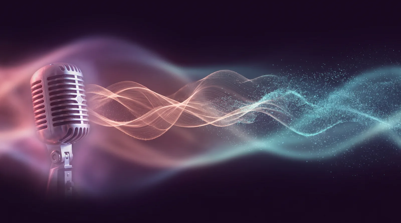 Vintage microphone glowing rose and lavender, its sound waves dissolving into a mist of aqua static.