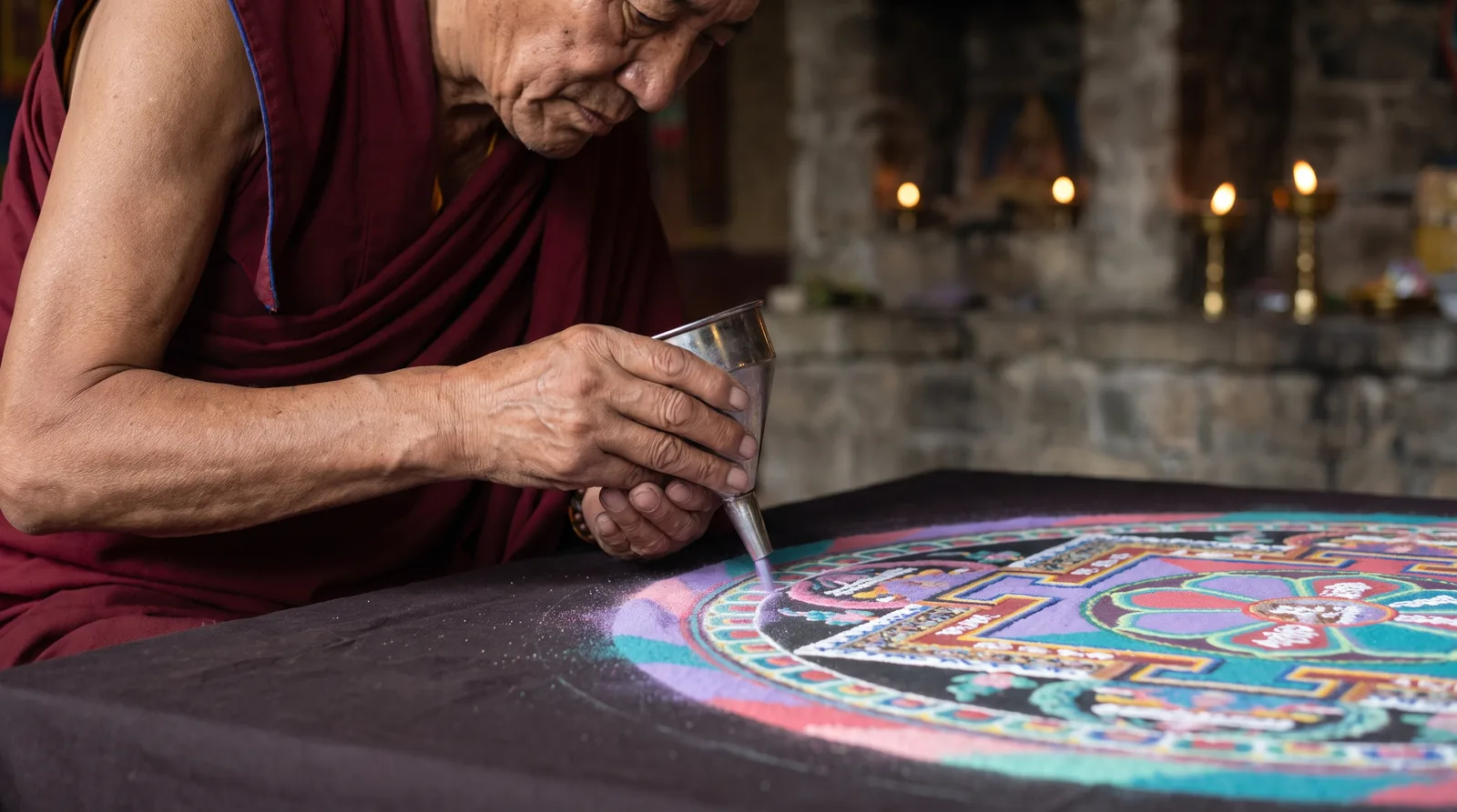 Hands pouring coloured sand through a metal funnel onto an intricate mandala in progress.