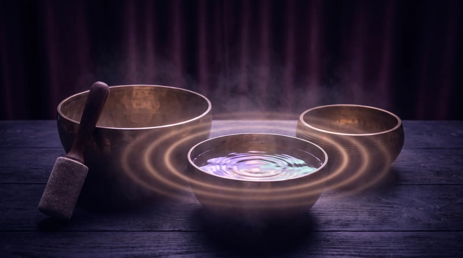 Bronze singing bowls on a dark surface, ripples of light suggesting slow waves of sound.