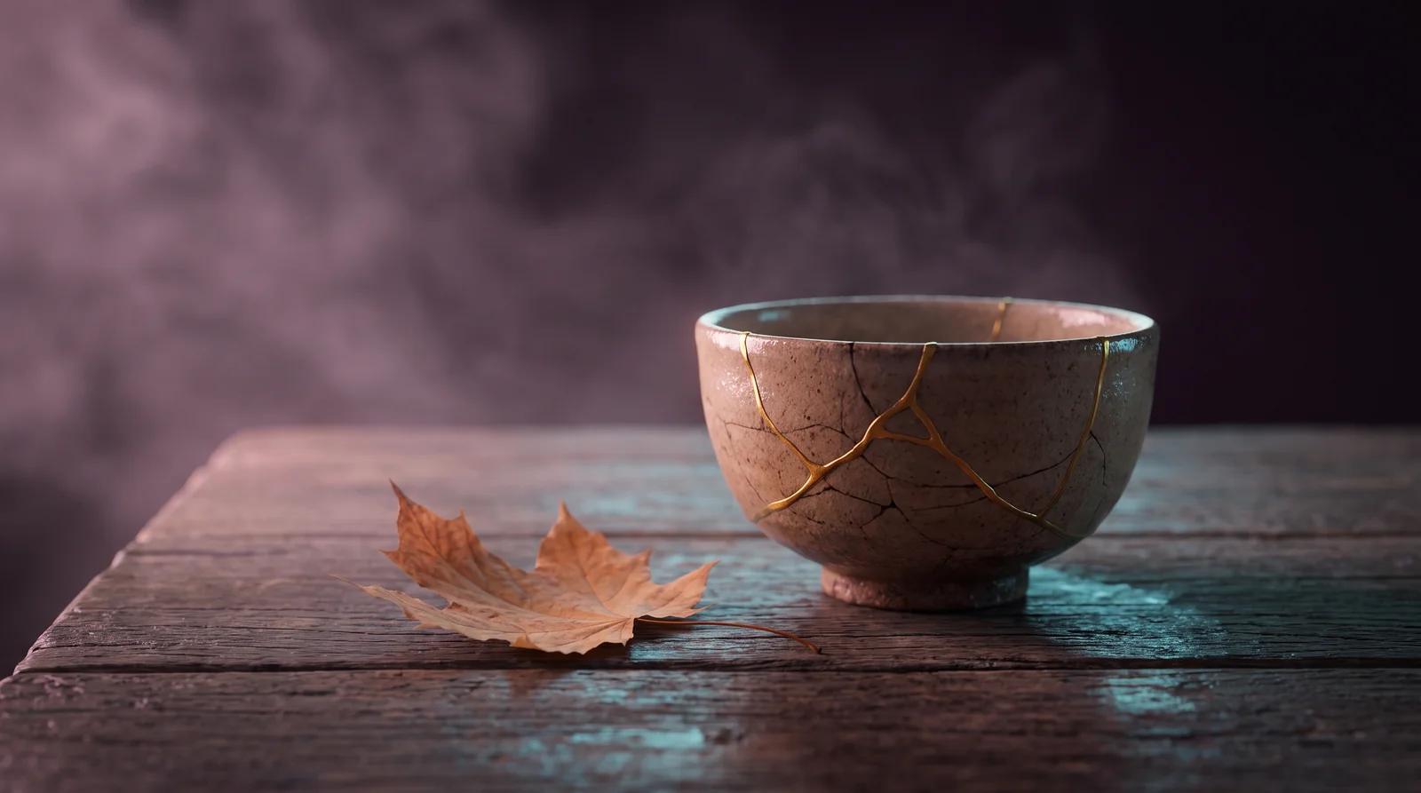 A kintsugi tea bowl with golden crack lines on dark wood, lit in soft lavender light.