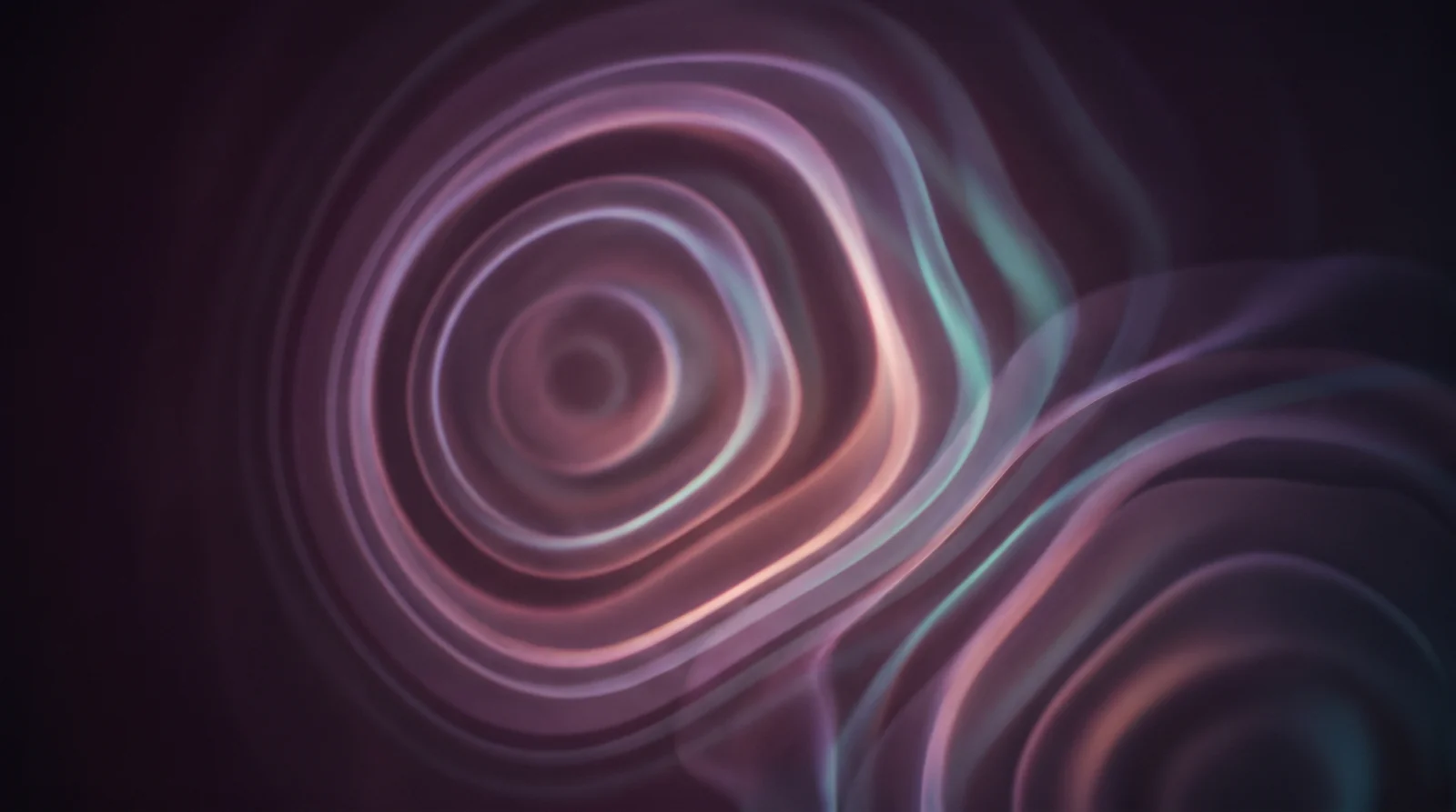 Concentric sound waves and layered frequency bands in deep aubergine with lavender, rose and aqua accents, evoking pink noise and deep sleep.