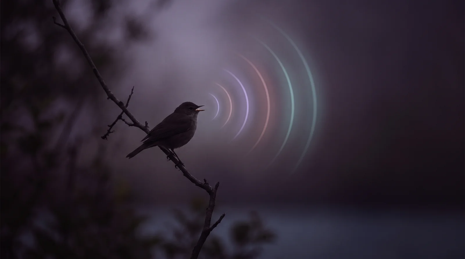 A small songbird in near-silhouette on a slender branch at twilight, soft ripples of lavender and aqua light spreading from its open beak against deep aubergine dusk.
