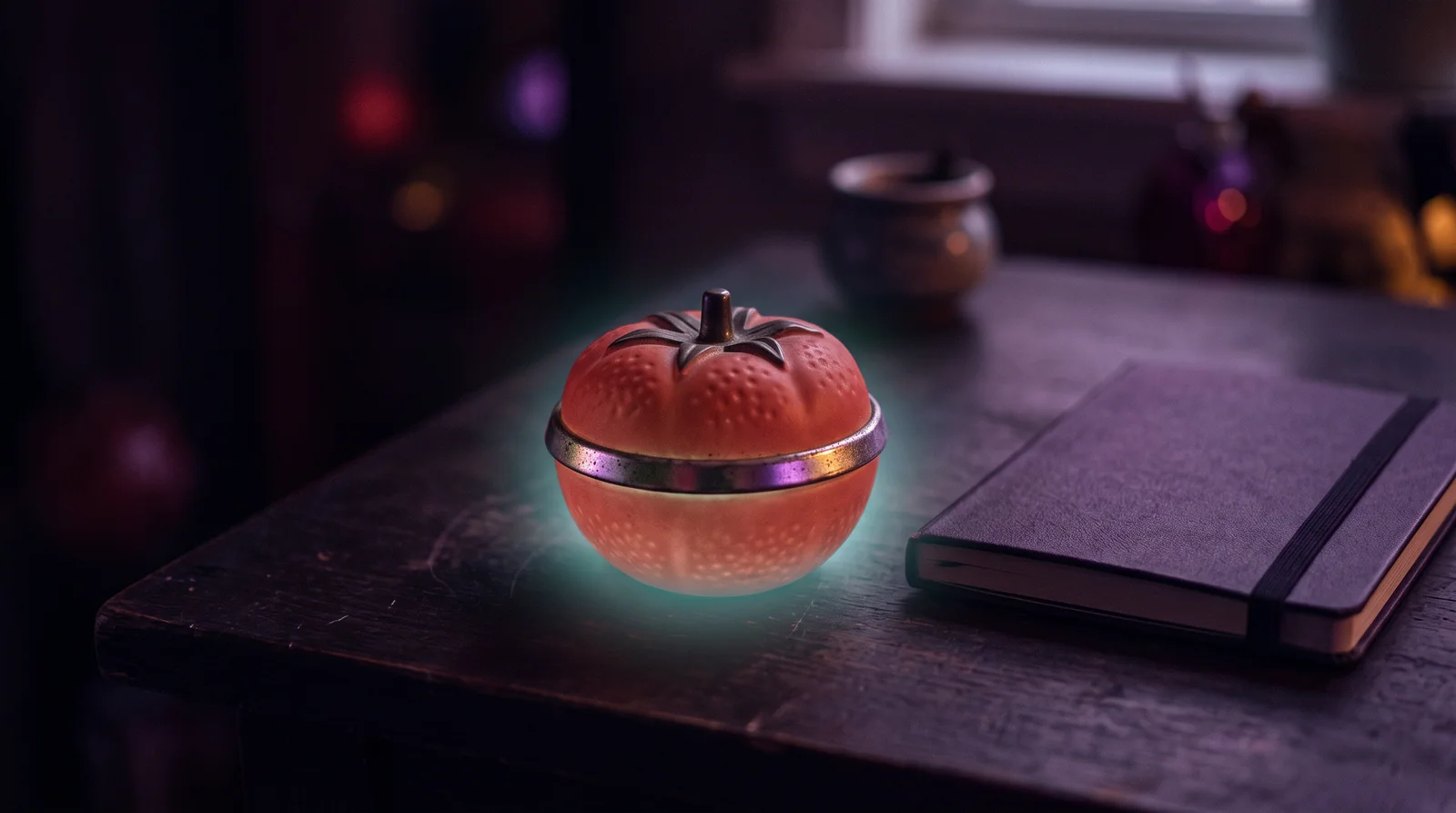 A vintage tomato-shaped kitchen timer glowing with lavender and rose light on a dark desk beside a closed notebook, soft aqua halo in the aubergine dark.