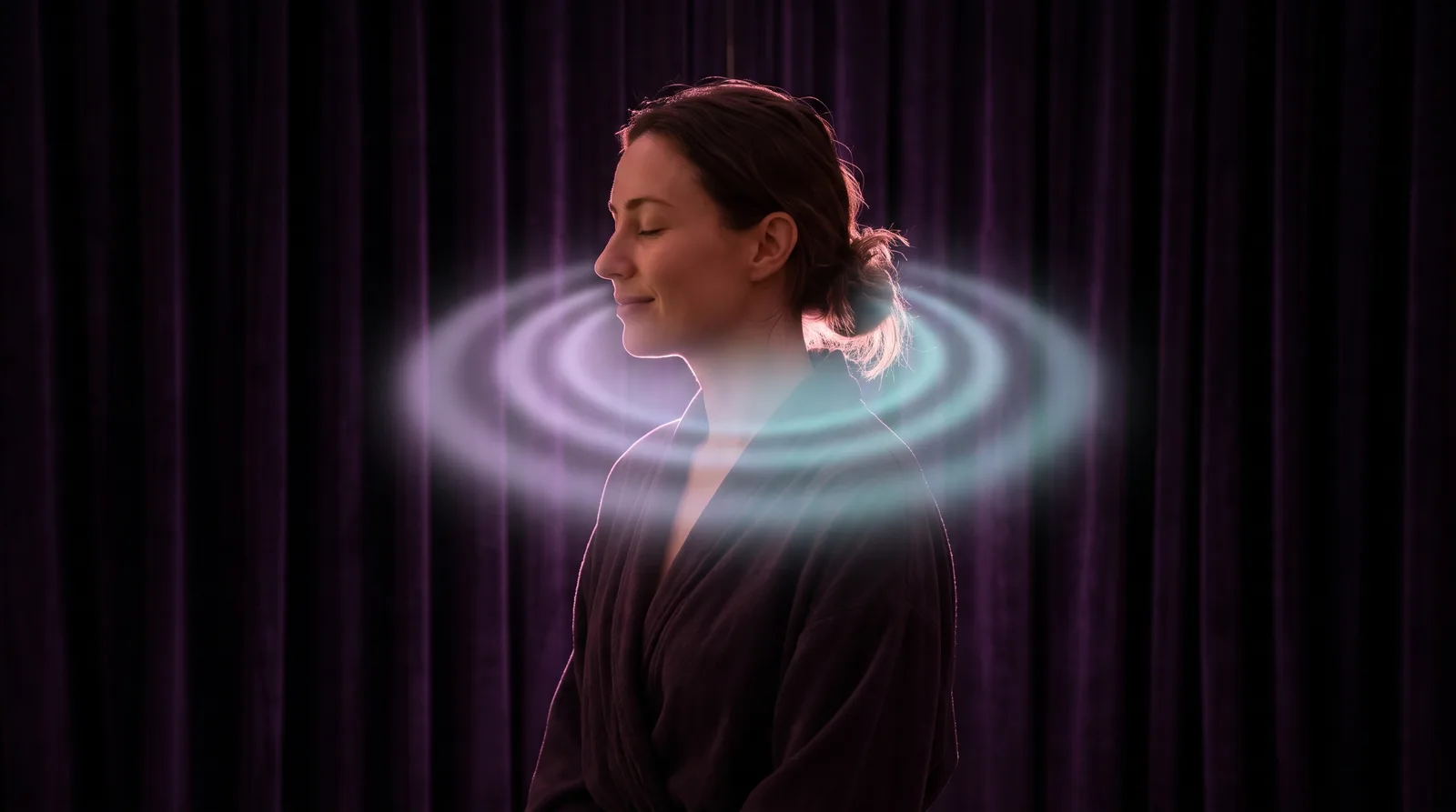 A serene profile with soft ripples of lavender light emanating from the throat, evoking the vibration of a hum.