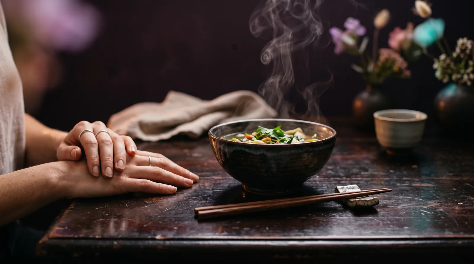 Hands resting beside a steaming ceramic bowl and chopsticks on a dark table, warm rose and lavender light catching the rising steam.