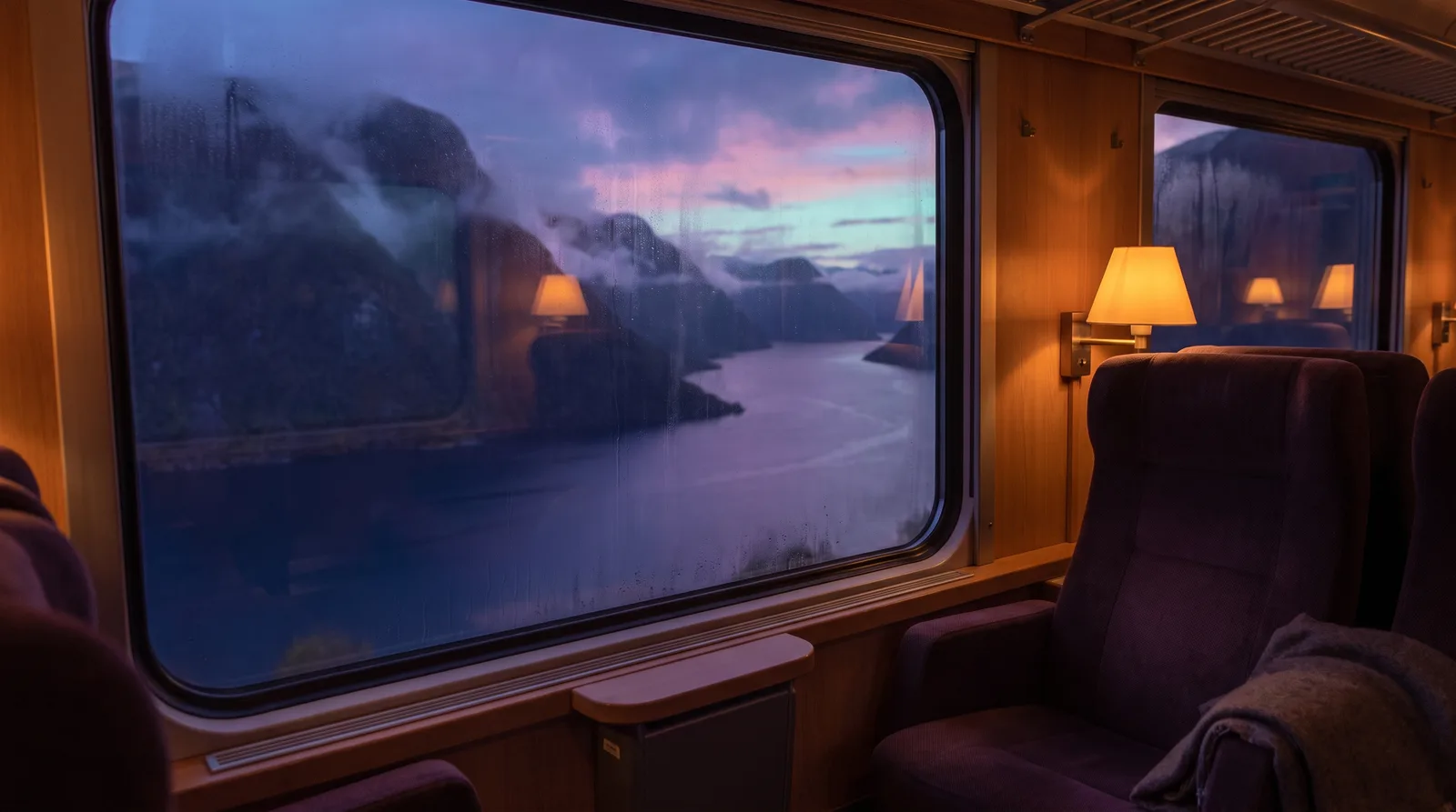 A misty fjord gliding past a quiet train window at dusk, reflections on the glass, deep aubergine sky with lavender and aqua light.