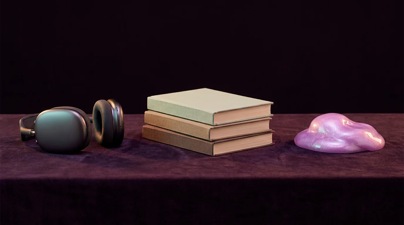 Headphones, books and iridescent slime in a row on dark velvet