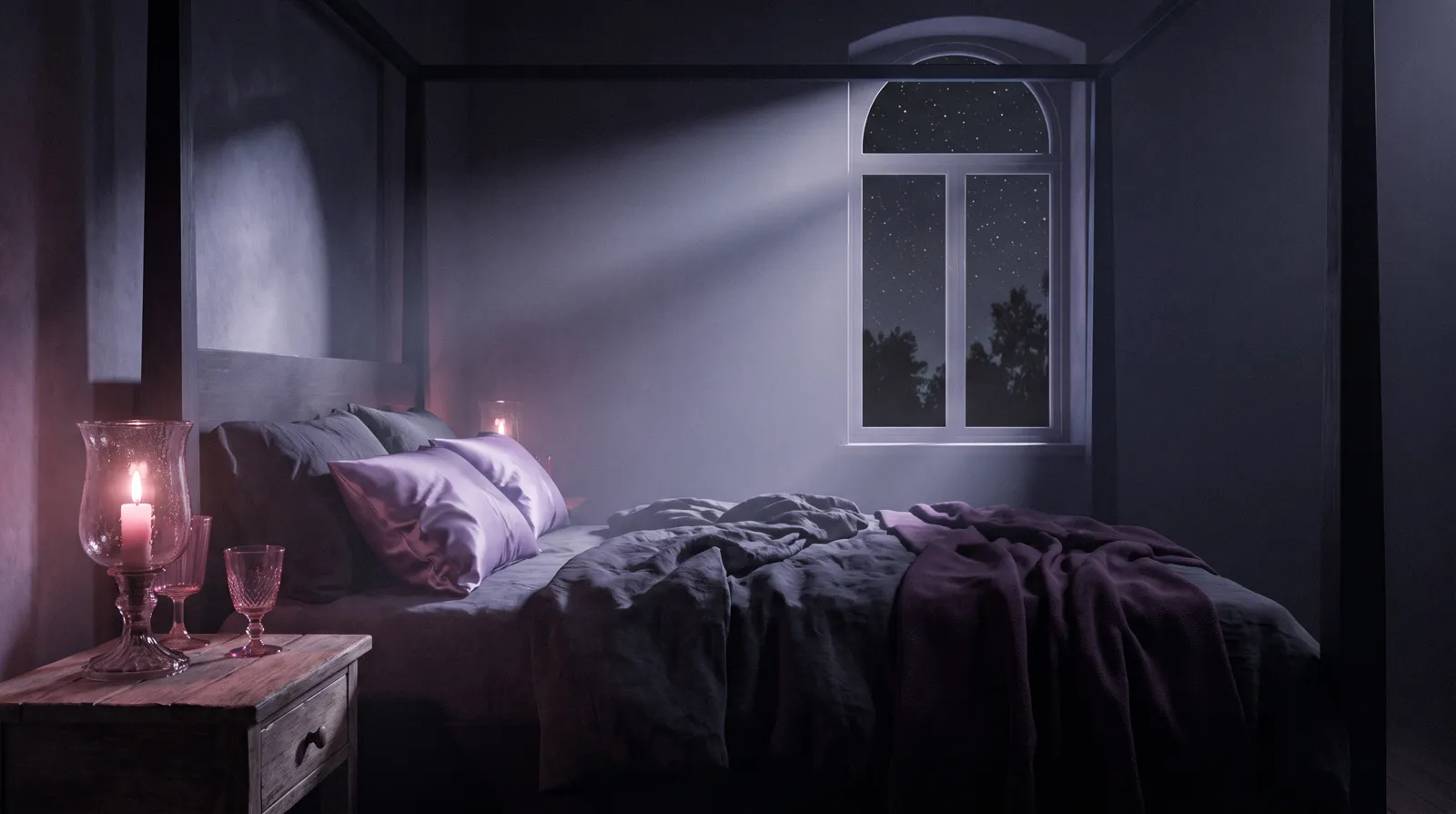 A moonlit bedroom divided by a soft beam of light, a single candle glowing beside the bed under a deep aubergine sky, lavender and aqua accents.