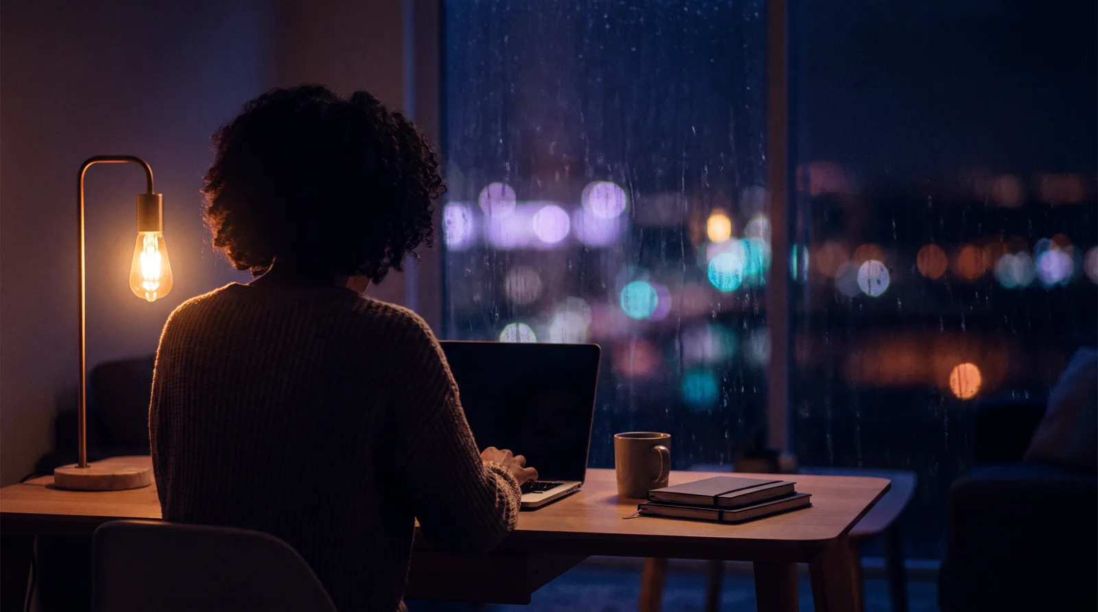 A person working at a laptop in a dark room lit by a single warm lamp, city lights blurred in aubergine darkness behind.
