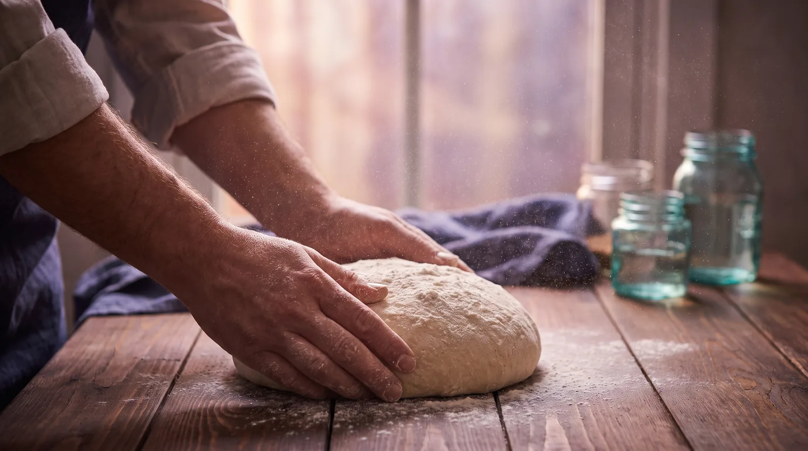 Flour-dusted hands folding pale dough on a dark wooden table, warm lavender and rose light catching the curve of the fold.