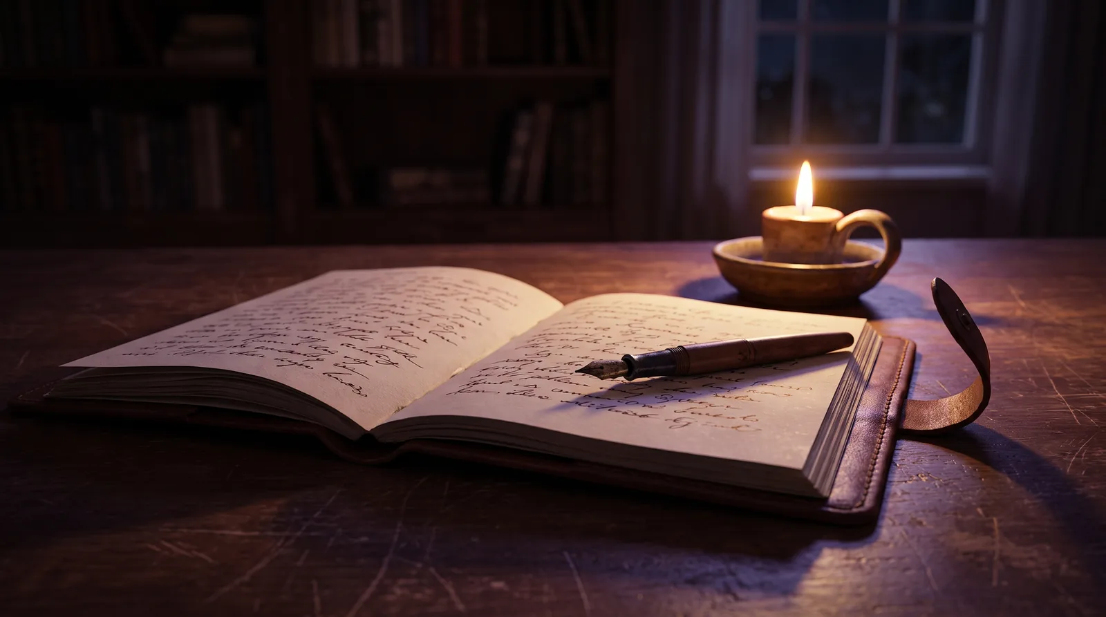 An open leather journal and fountain pen beside a low candle flame on a wooden desk at night.