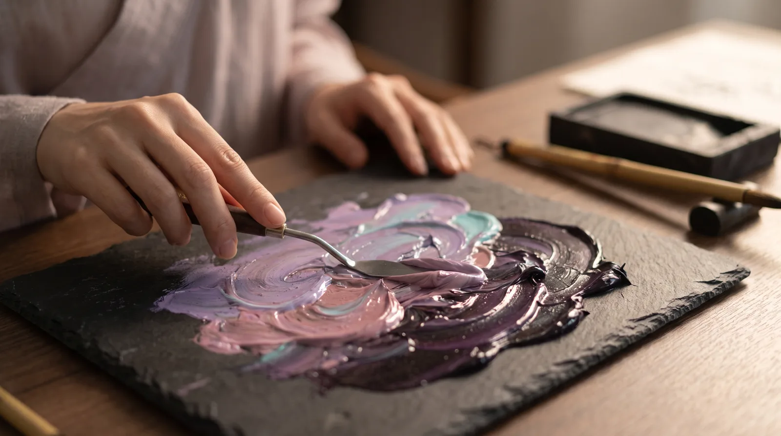 Hands folding swirls of lavender, rose and aqua paint into dark paint on a stone slab.