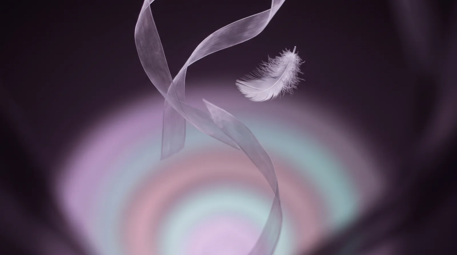 A pale feather and translucent silk drifting through violet darkness, ripples of lavender and aqua light spreading like a voice made visible.