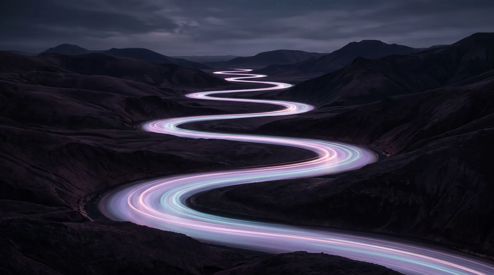 A luminous river of lavender and aqua light flowing in one unbroken current through dark aubergine hills.
