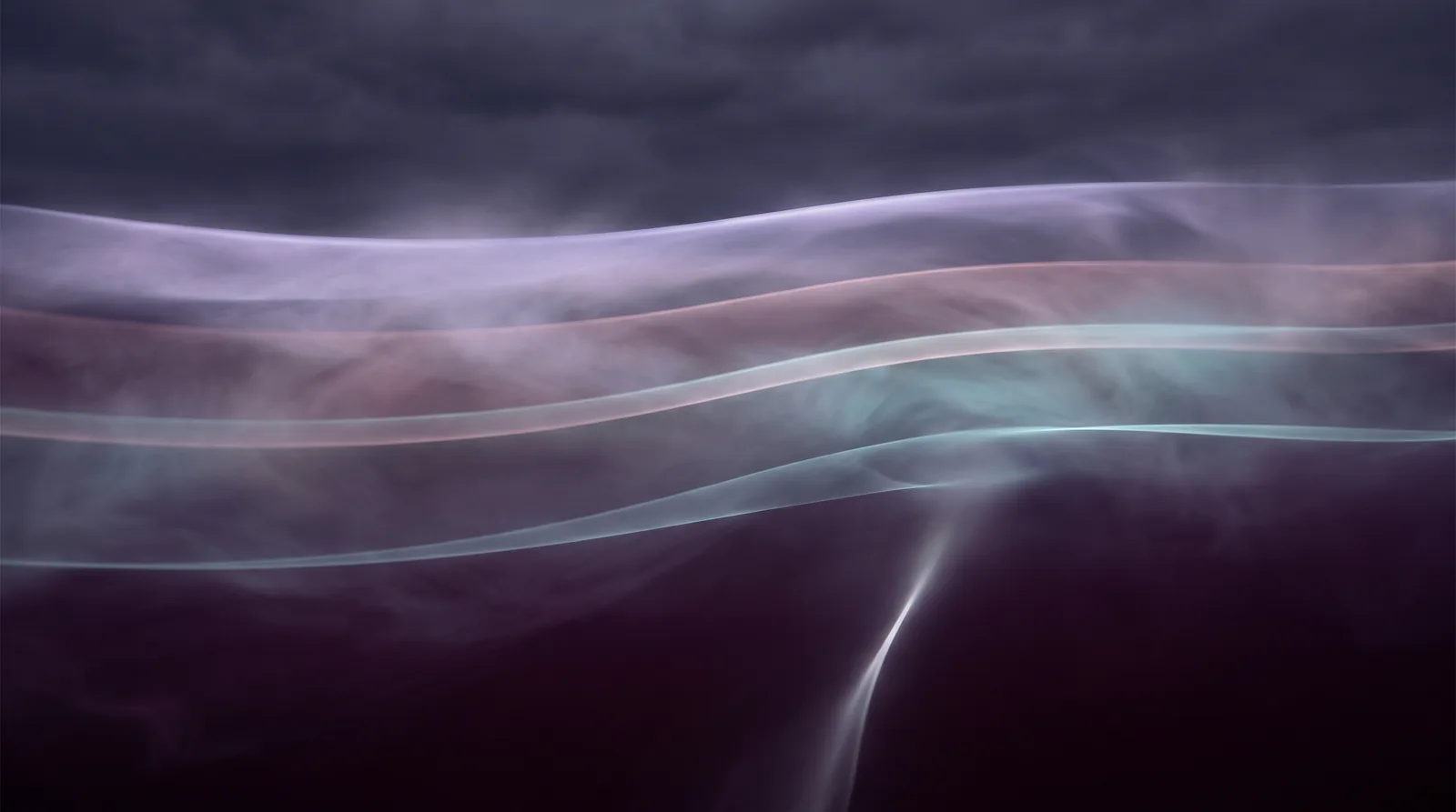 Translucent layered waves in lavender, rose and aqua descending into a deep near-black sea, like sleep stages.