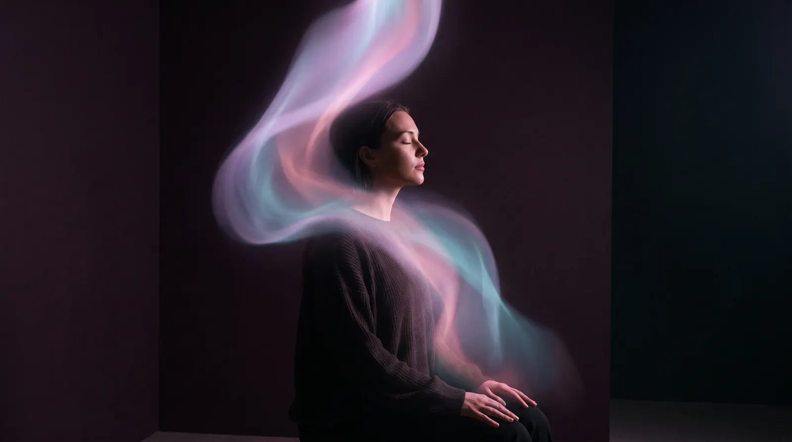 Person in profile breathing calmly in a dark room as soft lavender and aqua light settles around their shoulders.