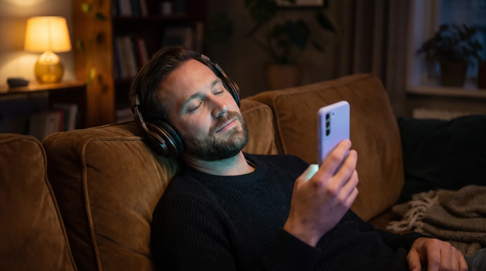 A man on a couch with headphones, eyes closed, relaxing with a softly glowing phone.