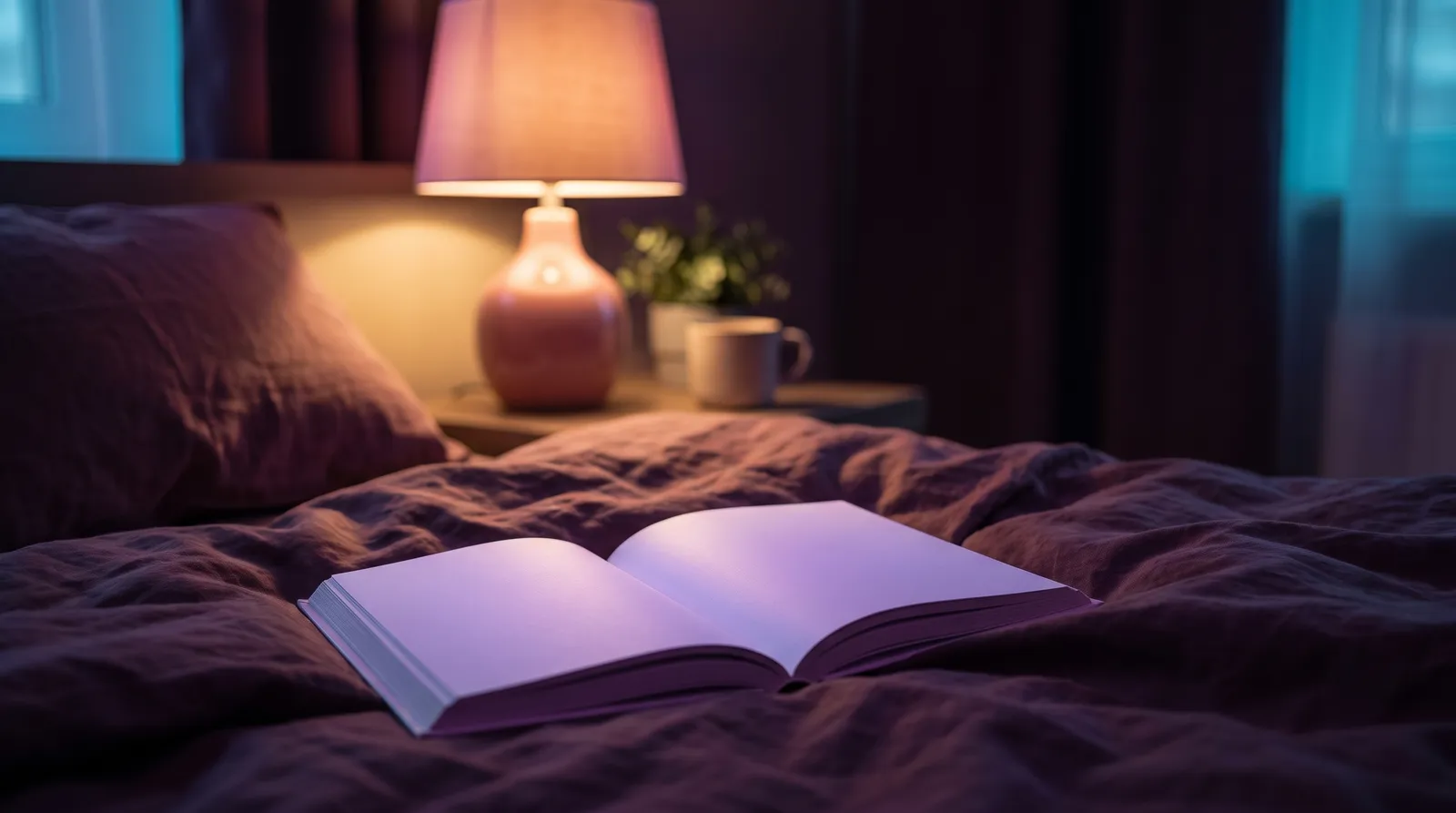 An open book on dark bedding, its pages glowing softly lavender in a pool of warm rose lamplight.