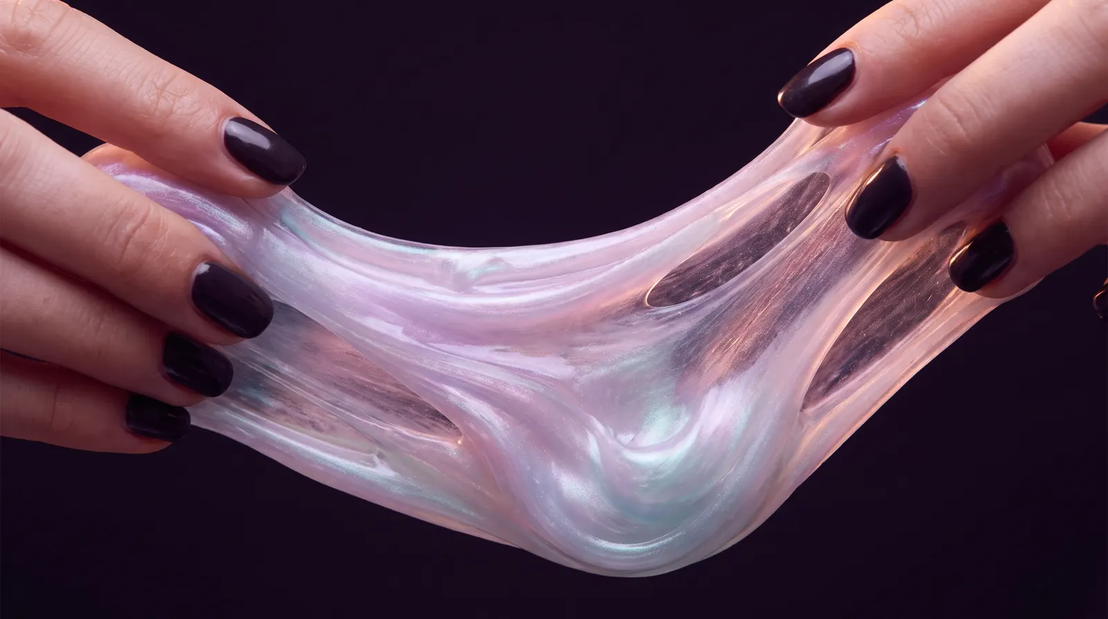 Hands slowly stretching glossy iridescent slime glowing lavender and aqua against a near-black background.