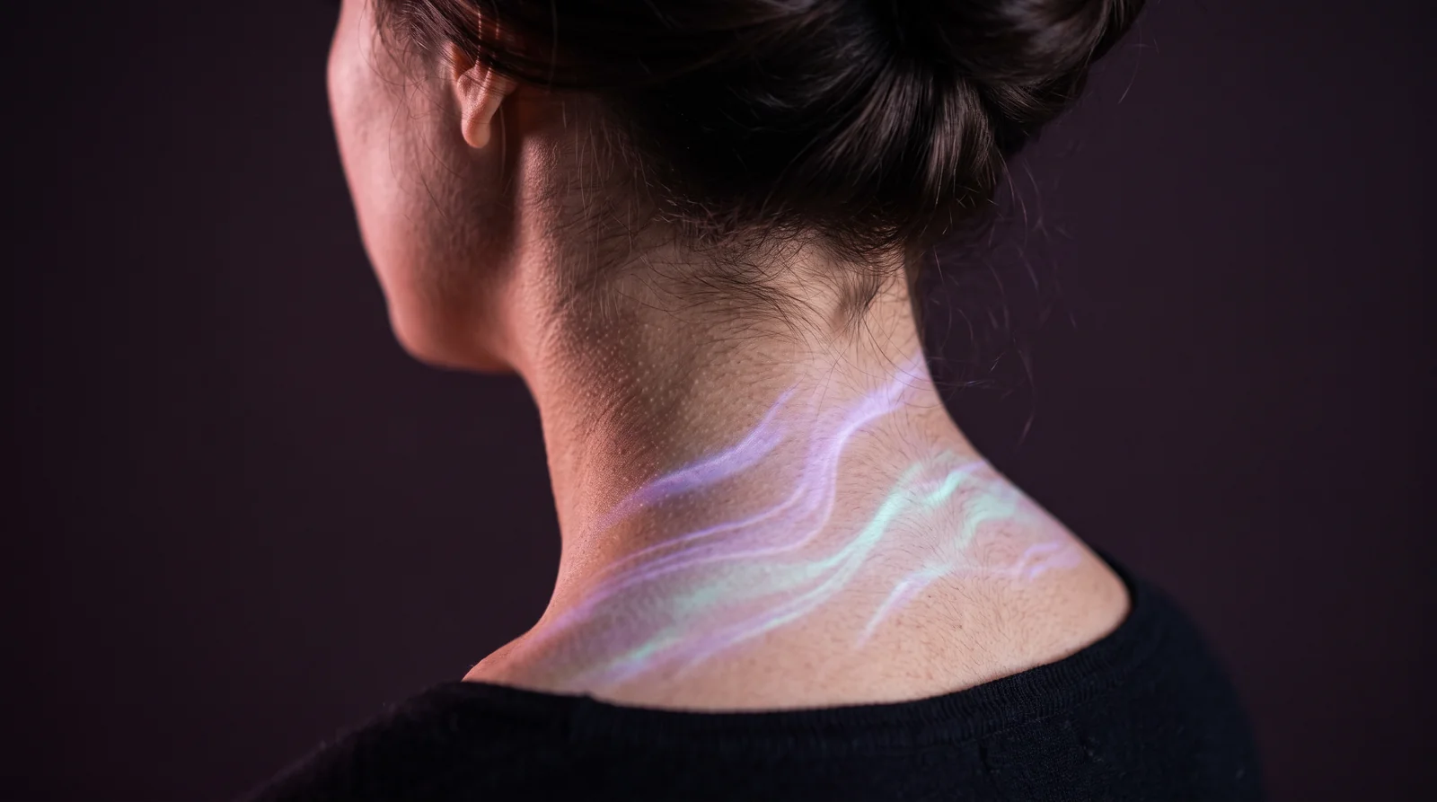 Close-up of a neck and shoulder with fine goosebumps as shimmering lavender and aqua light ripples across the skin against a deep aubergine background.