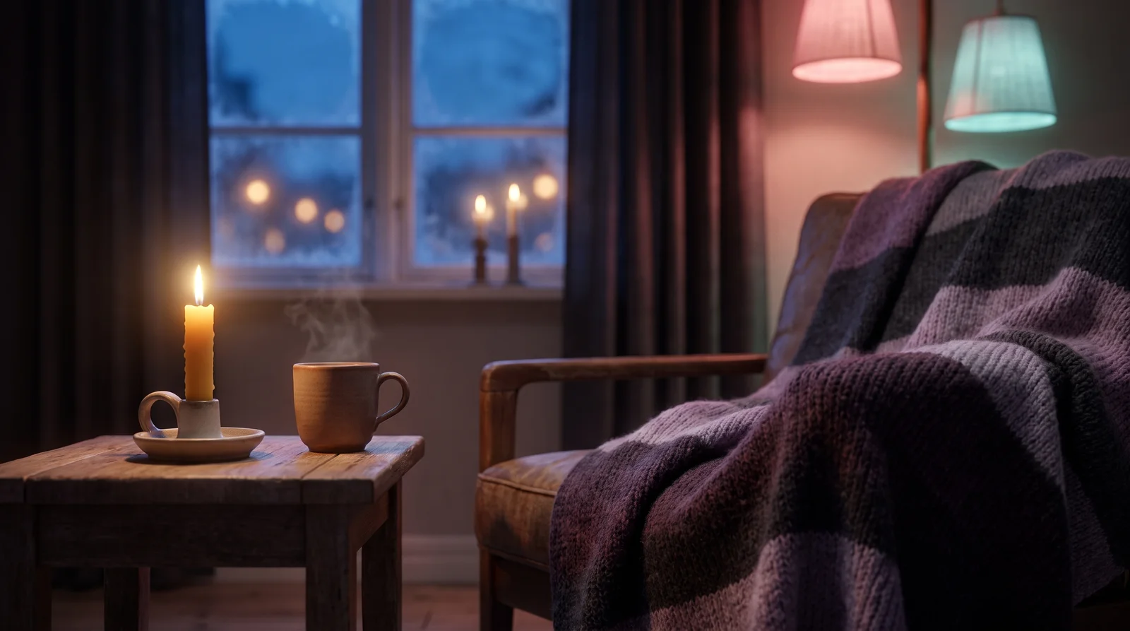 A single lit candle and warm lamplight in a cosy interior at dusk, deep aubergine shadows with lavender and rose glow.