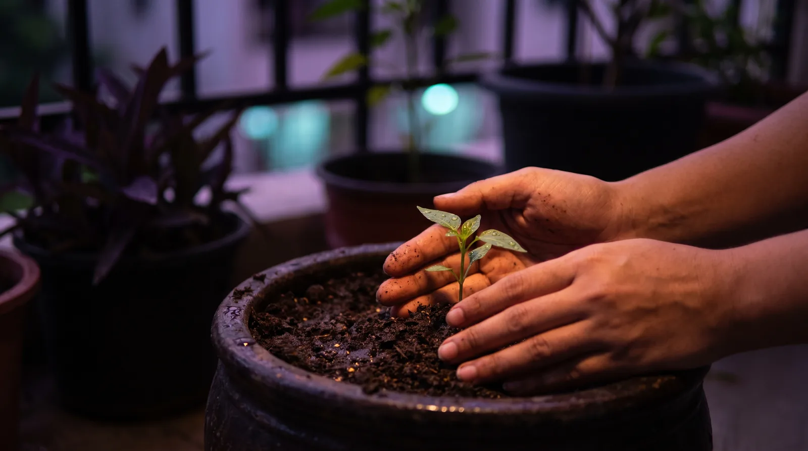 Hands cradling a small seedling over dark soil, lit by a soft rose and aqua glow against a deep aubergine dusk.