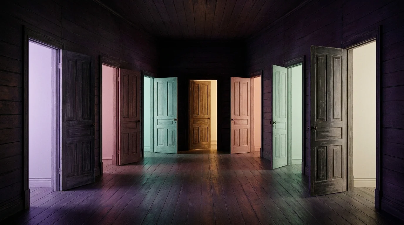 A dark hallway of doors, each glowing a different pastel color
