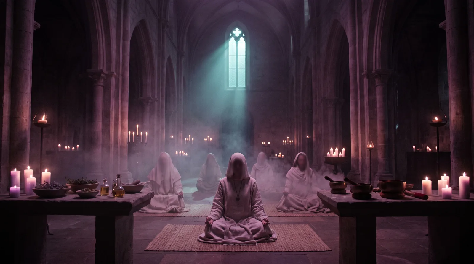 Candlelit stone arches of a monastery nave in deep aubergine shadow, soft lavender light falling through a high window.