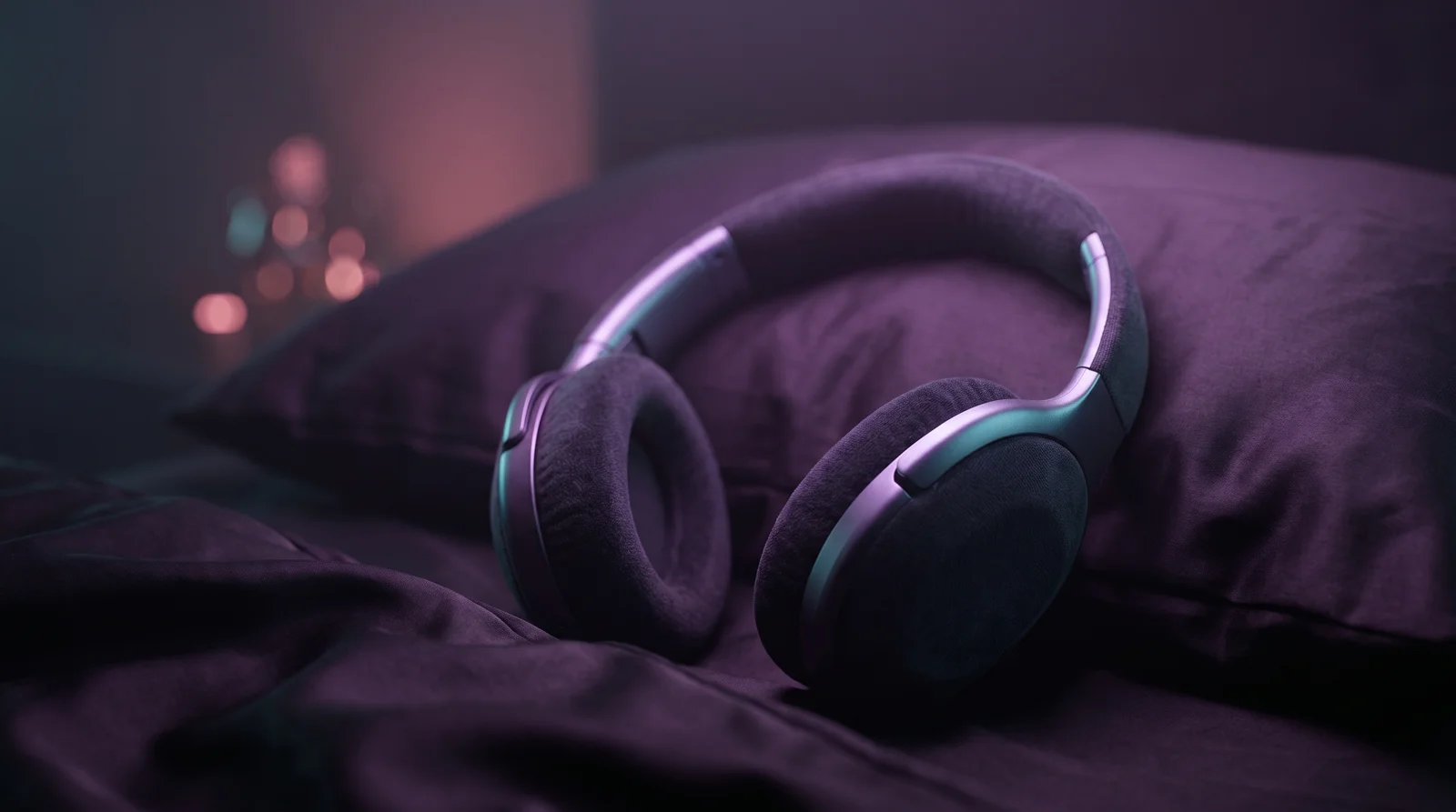 Soft over-ear headphones resting on dark silk bedding, traced by gentle lavender and aqua light.