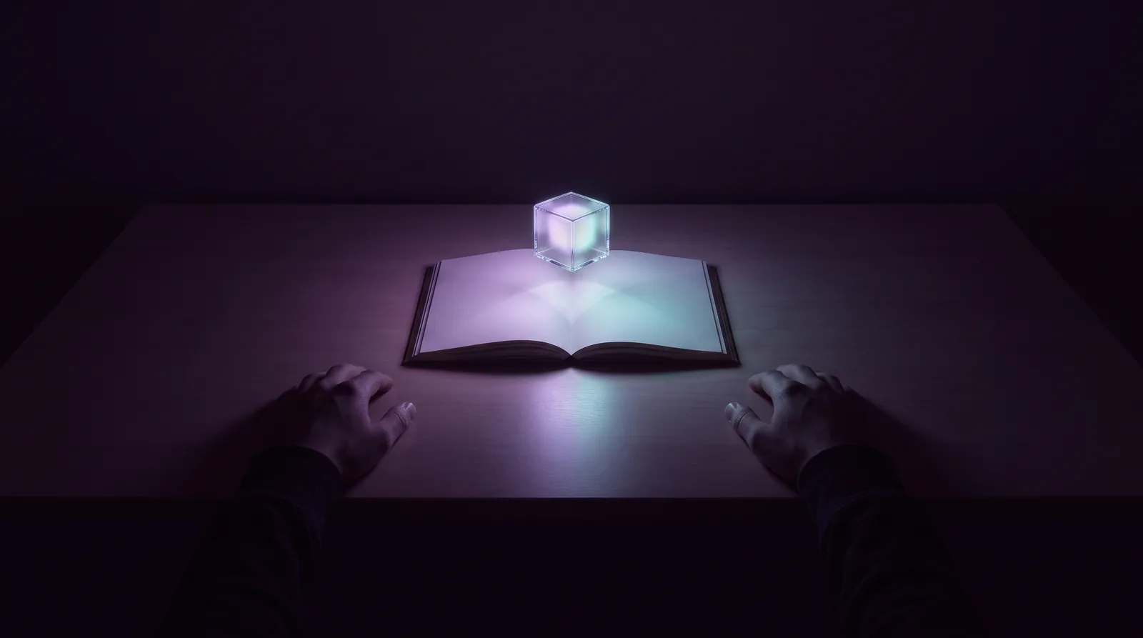 A desk in near darkness with a single glowing cube hovering above an open notebook, lavender and aqua light pooling around unmoving hands.