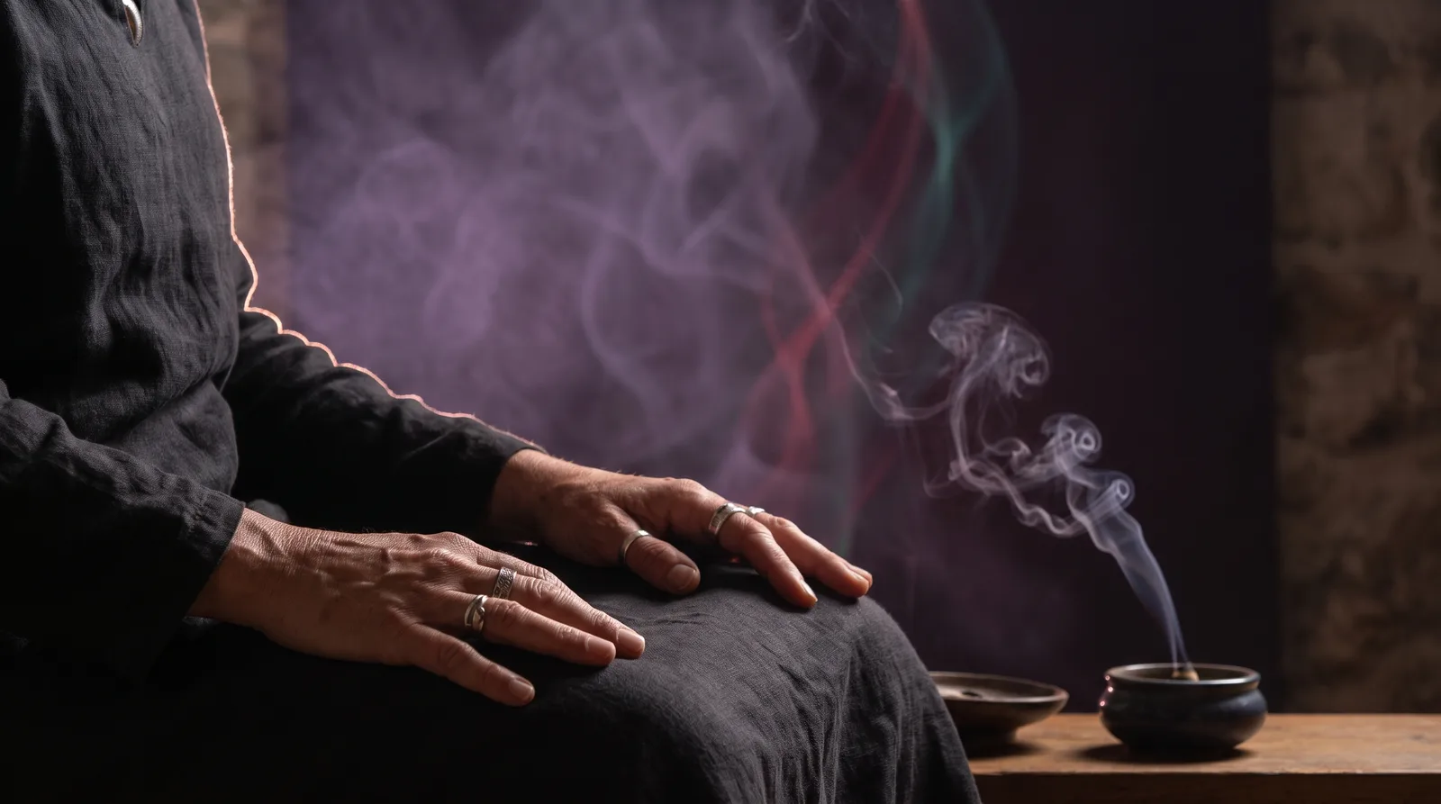 Hands resting on a lap in seated breathing practice, wreathed in soft lavender mist and a curl of incense smoke.