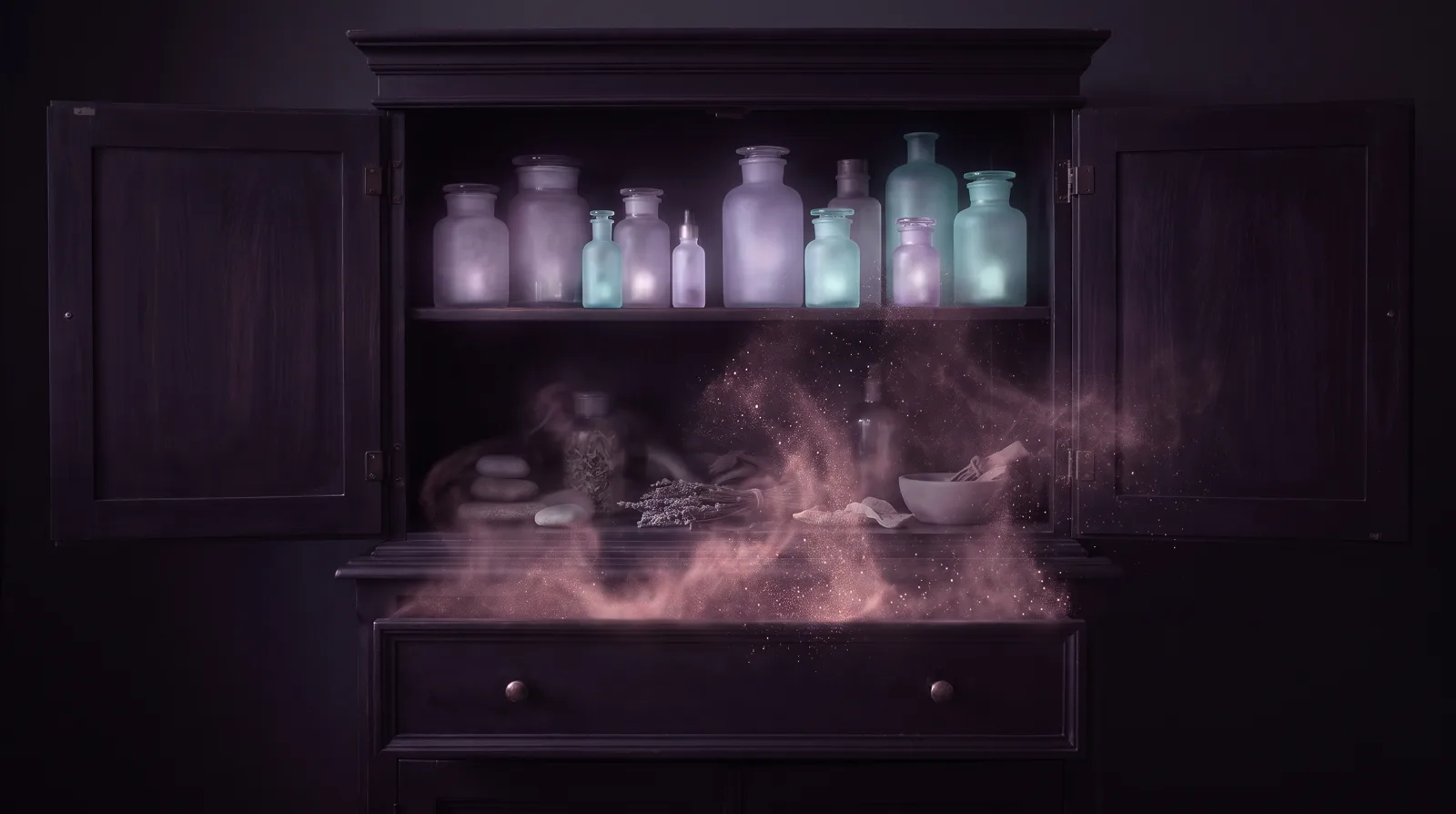 An open cabinet where glowing translucent jars sit in lavender light while one closed drawer dissolves into rose particles against deep aubergine shadow.