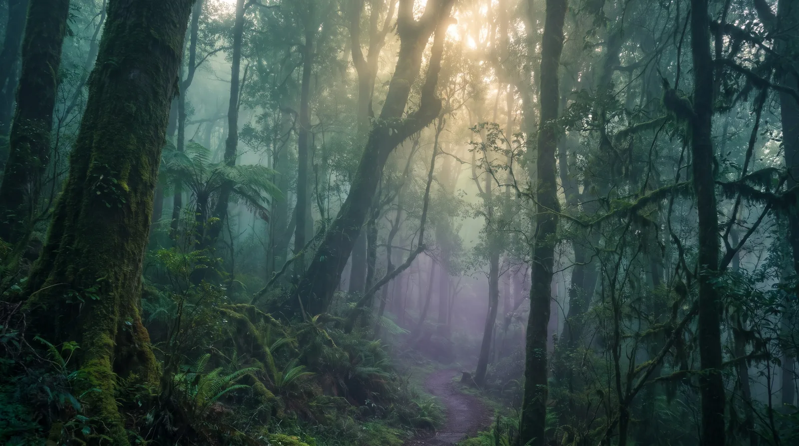 Morning light falling in soft rays through a misty old-growth forest canopy.