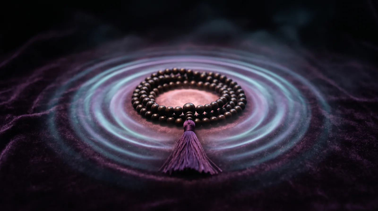 A strand of dark mala beads resting on aubergine velvet, soft ripples of lavender and aqua light spreading outward like sound.