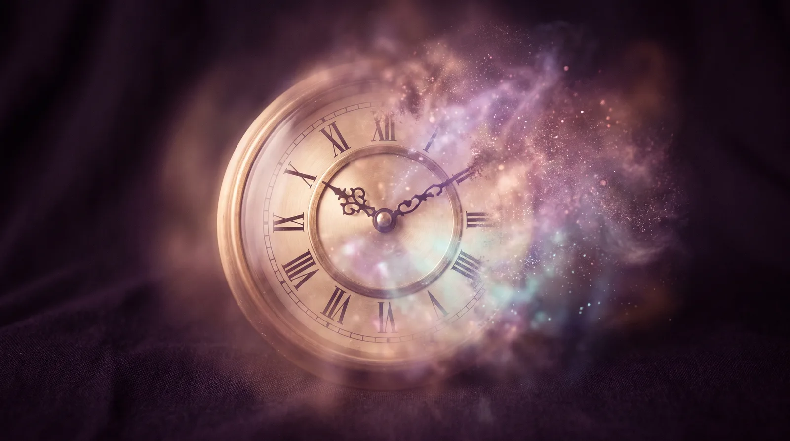 An analog clock face dissolving into glowing lavender particles against a dark aubergine backdrop.