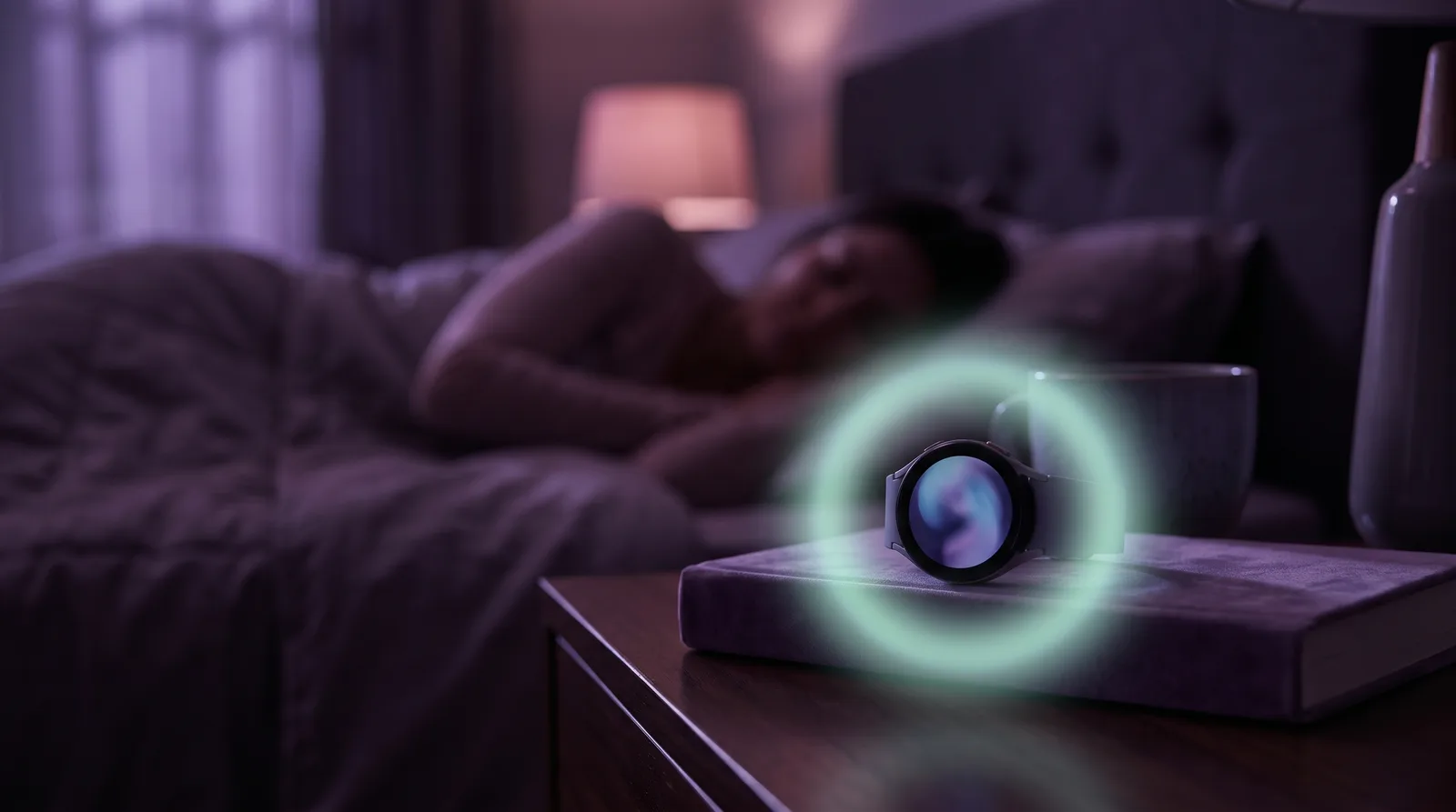 A smartwatch glowing soft aqua on a nightstand in a dark aubergine bedroom, a sleeping figure blurred in lavender shadow behind it.