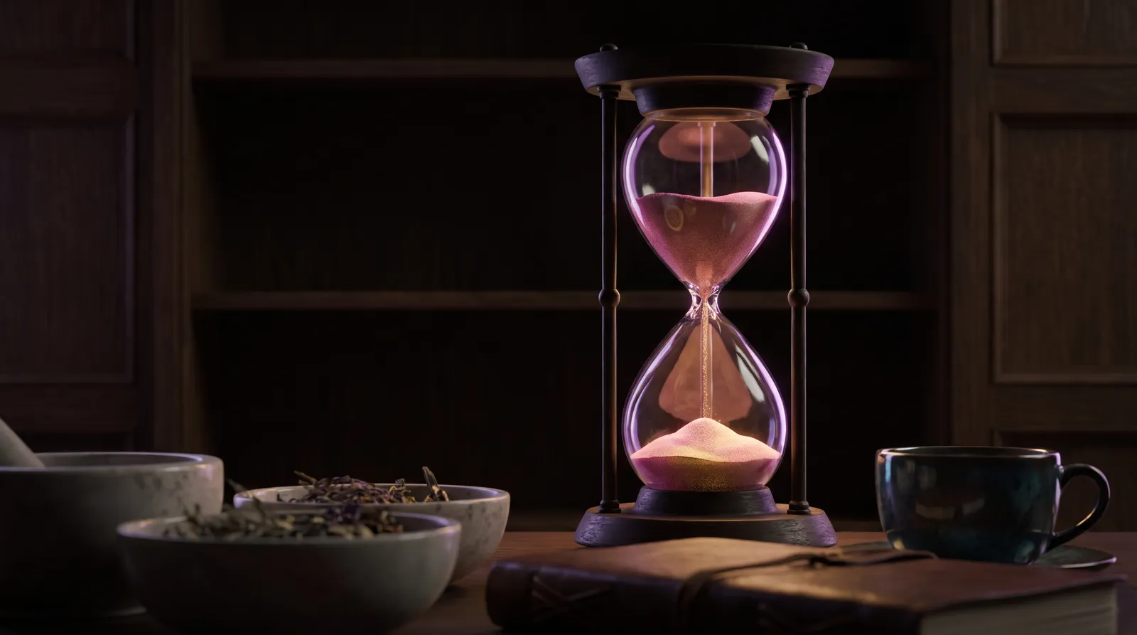 An hourglass silhouetted in deep aubergine darkness, its falling sand glowing faintly rose and gold.