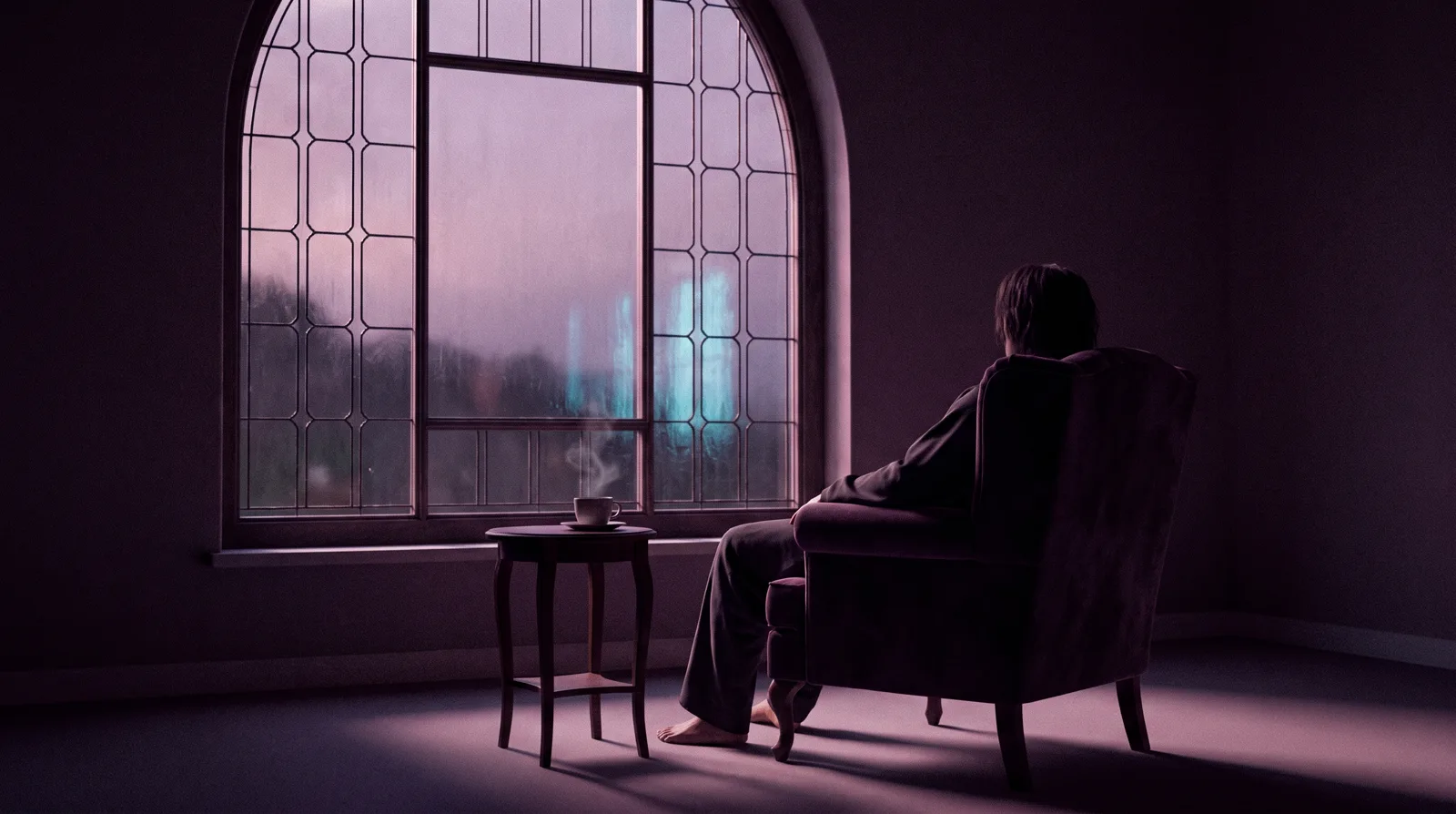 A solitary figure seated by a tall window in soft lavender dawn light, the room in deep aubergine shadow.