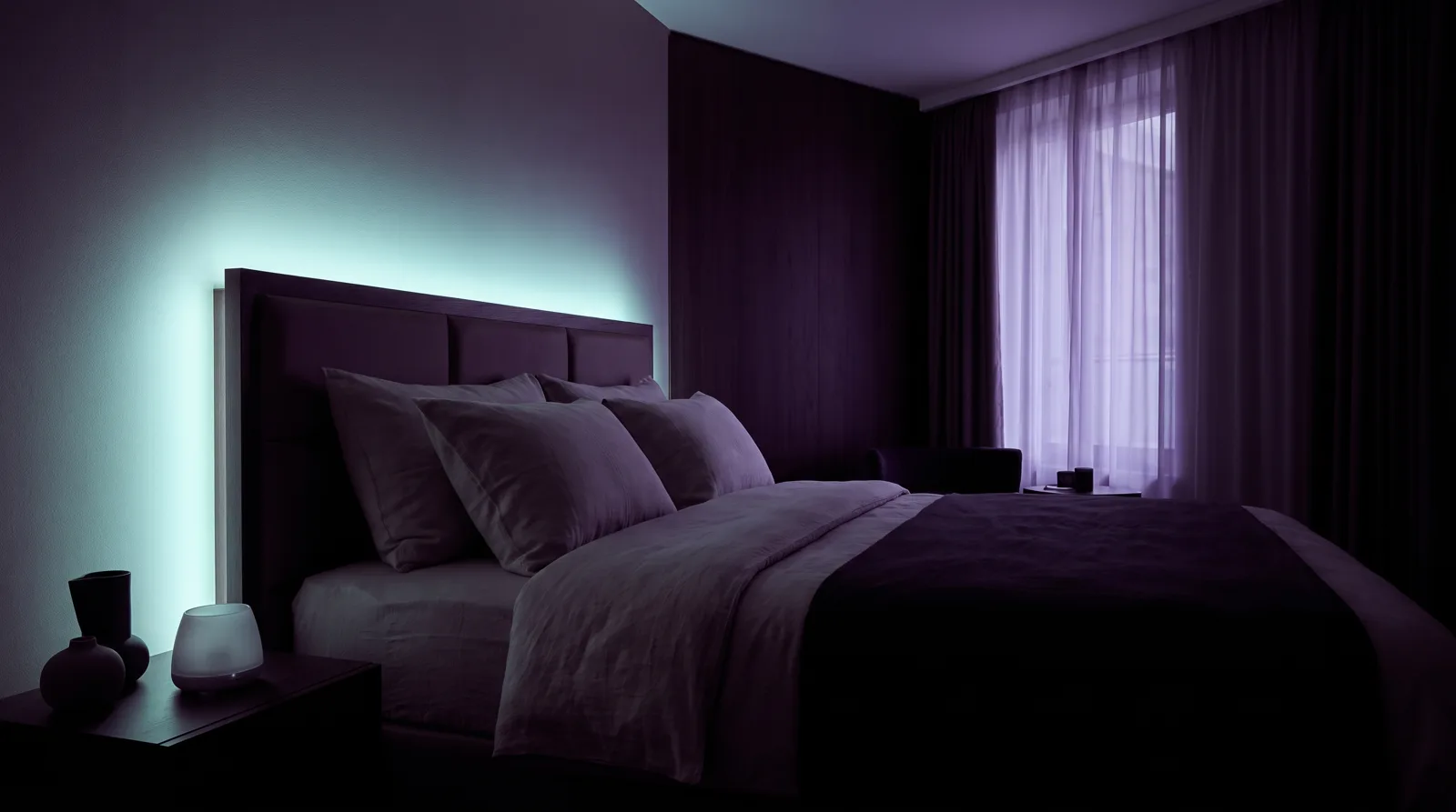 A dim hotel bedroom at night with soft aqua light glowing along one side of the bed against deep aubergine shadows.