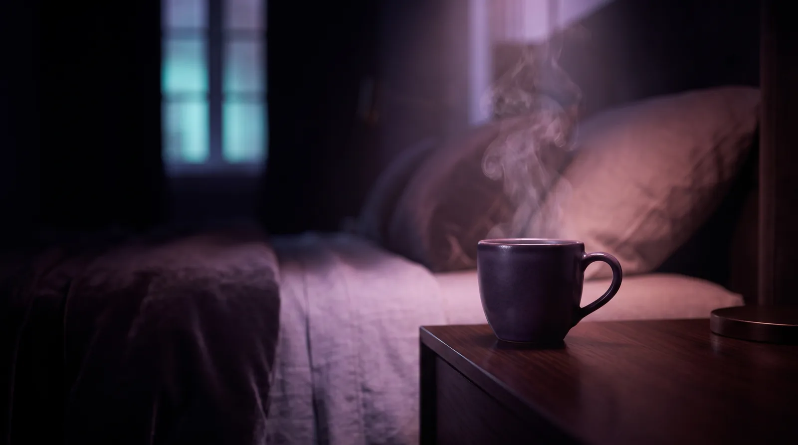 A ceramic coffee cup on a dark bedside table at night, steam rising into soft lavender and rose light with a faint aqua glow from a distant window.