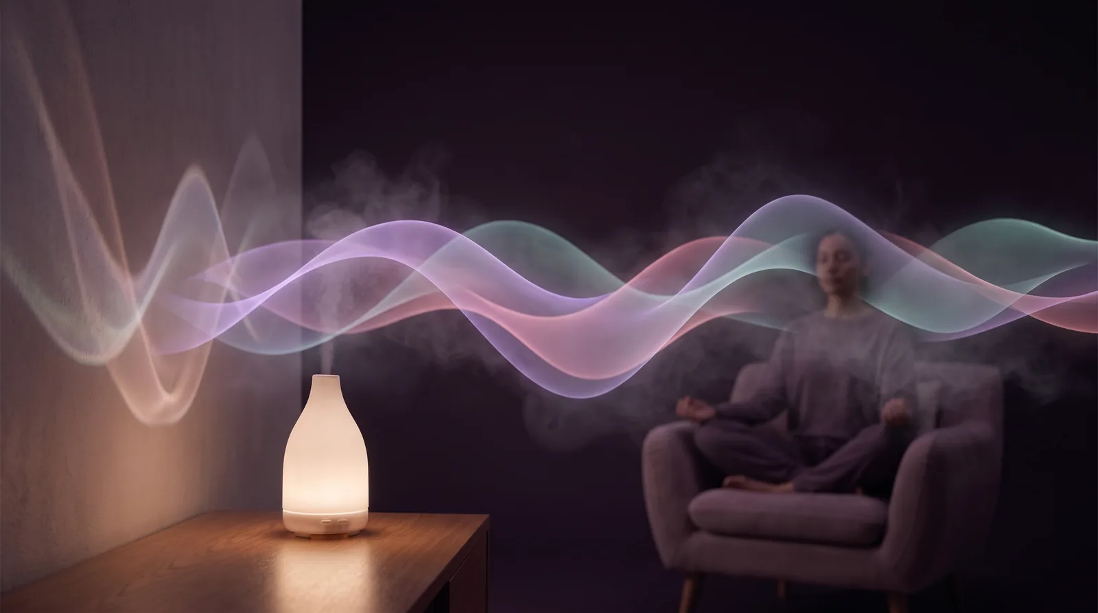 A soft midband waveform flowing like wind through leaves, rendered in deep aubergine with lavender, rose and aqua glow, evoking green noise for sleep.
