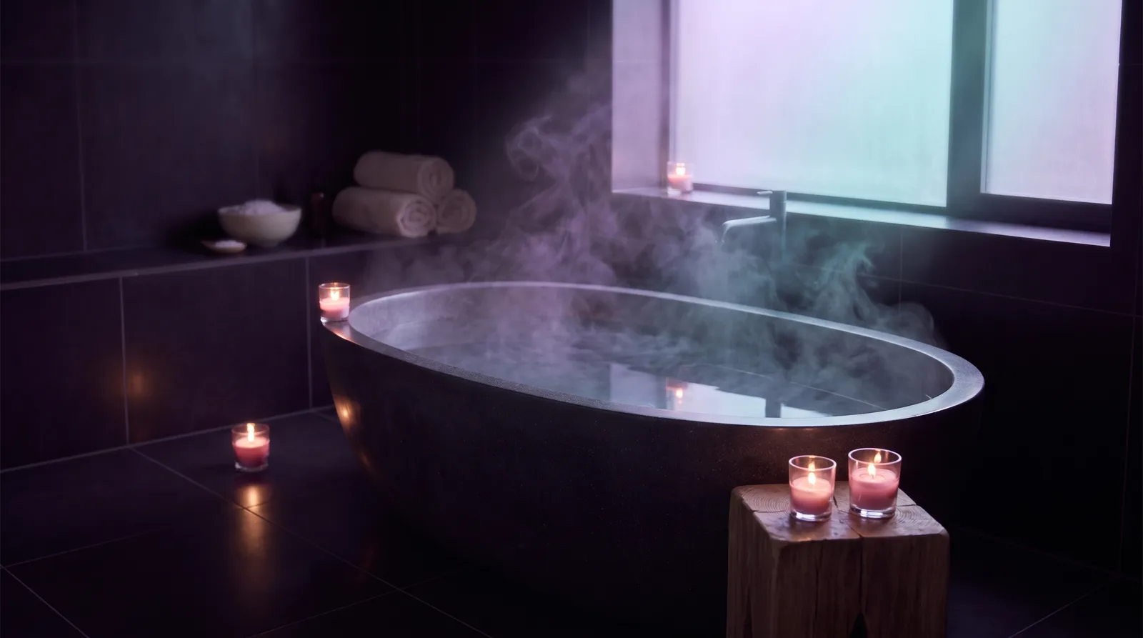 A steaming bath in a dark candlelit bathroom, wisps of steam catching soft lavender light.